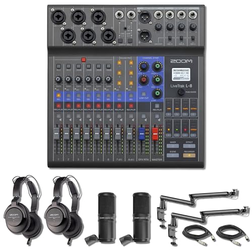 Zoom LiveTrak L-8 8-Channel Digital Mixer & Recorder with 2x Zoom ZDM-1 Podcast Microphone Pack and StreamEye LowPro Low Profile Mic Arms