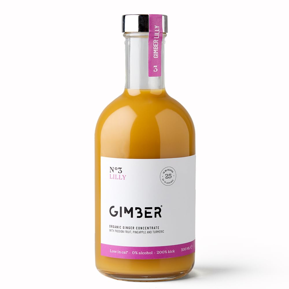 Concentré de gingembre Gimber au fruit de la passion, 100% naturel et vegan | N°3 500 ml Lilly | Concentré de gingembre bio, boisson au gingembre vegan avec fruit de la passion, ananas et curcuma