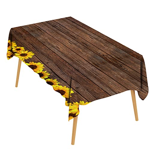Sunflower Wood Grain Tablecloth Rustic Flowers Wood Plank Waterproof Table Cloth For Rectangle Tables Vintage Brown Farmhouse Washable Table Cover For Dining Kitchen Party Outdoor Decor, 60 X 84 #TOP4