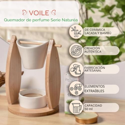 Miniatura 3 de Quema Parfum Voile Quemador Fondant Cera Perfumada Difusor De Aceite Esencial Y Perfume De Ambiente Candelabro Aromaterapia Porta Vela De Madera Y Cerámica Decorativa Altura: 15 Cm Zen Aroma