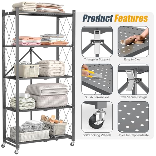 Image of 5-Tier Folding Metal Storage Rack - 63 inch Heavy-Duty Steel Frame with Wheels, No Assembly Utility Organizer, Rolling Shelving Unit for Kitchen, Garage, Pantry, Bedroom (Gray, 5 Tier)
