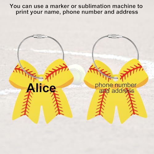 BOXOB 12 Pcs Softball Bow Luggage Tags, 2.75in Suitcase Labels with Metal Ring PVC Keychain DIY Name ID Card 3D Baseball Baggage Identifier Accessories Gifts for Men Women Girls Travel Suitcase Bag4