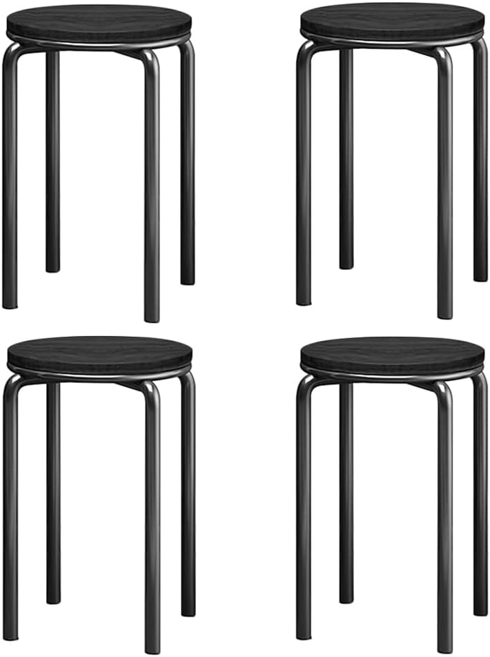 Stacking Stools Set of 4, 18" H Backless Round Wooden Top Portable Stackable Stools with Metal Frame (Black)