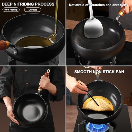 Image of Carbon Steel Wok Pan, 9.4 INCH Nonstick Pre-Seasoned Woks & Stir-Fry Pans with Lid, No Chemical Coating Wok Flat Bottom Small Handmade Chinese Wok for Induction, Gas, Electric & All Stoves
