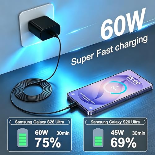 Image of 60W USB C Fast Charger Block,Wall Charging Plug & Long Type C Cable Cord 3ft /6ft /10ft,USB-C Charge Adapter Brick Cube Box for Samsung Galaxy S26 Ultra /S25+ /S24 /S23 /S22 /Note /Z Fold,iPhone 17 16 15,iPad