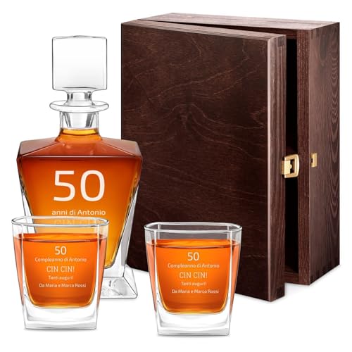 Maverton caraffa per whisky da 800 ml con incisione + 2/4/ 6 bicchieri - Decanter per whisky in vetro - Incisione personalizzata - Set per il whisky per Lui per compleanno - Cin cin