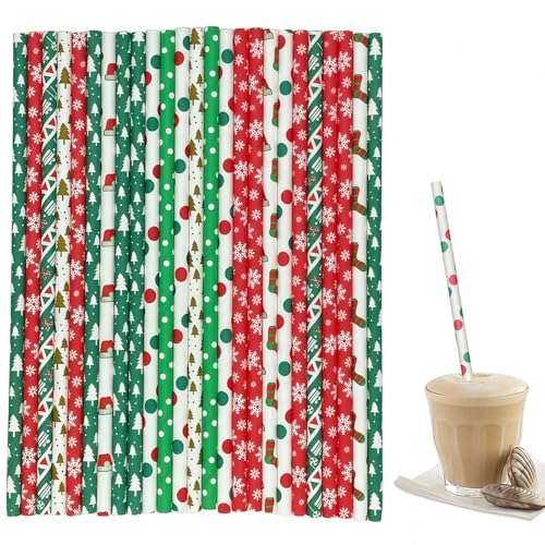 Pajitas de papel navideñas 100 unidades reutilizables 19,5 cm biodegradables sin plástico para bebidas frías fiestas y celebraciones