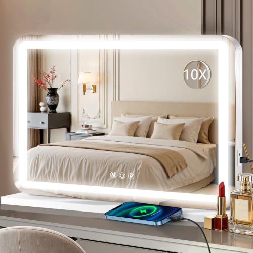 Ratsamee Vanity Mirror with Lights Led Makeup Mirror Lighted Makeup Mirror with 3 Color Dimmable Lights Smart Touch Screen Control Aluminum Metal Frame USB Charging Port 23 x 18 White