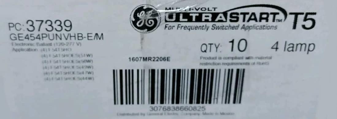 (case of 10) GE 37339 GE454PUNVHB-E/M Multi Volt Ultra Start T5 Ballast, for Frequently Switched Applications