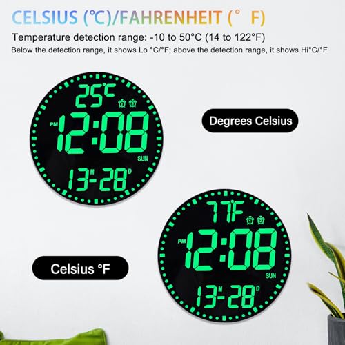 Horloge murale numérique LED RVB 30,5 cm, télécommande, température et 2 alarmes programmables - 5