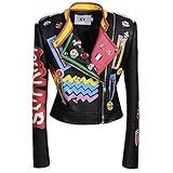 Hzikk Abzeichen Verzierte Graffiti-Lederjacke Frauen Kurz Geschoren Motorradjacke,Schwarz,S