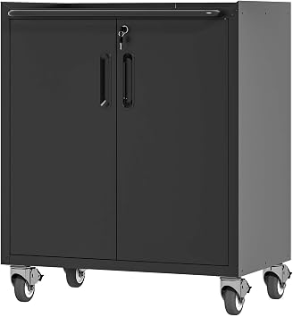 Metal Storage Cabinet with Wheels and Handle,Lockable Storage Cabinet with 2 Doors and 1 Adjustable Shelves for Office,Garage, Home,Shop,Pantry,Rolling Tool Organizer Black, 35" H