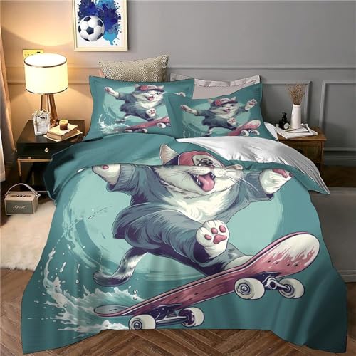 Parure de lit chat skateur 135x200cm avec housse de couette microfibre pour ado