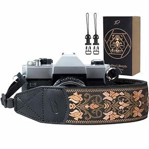 Padwa Lifestyle Camera Strap – 2″ Wide Vintage Jacquard Embroidery Flower Camera Straps with Genuine Leather Head,Complimentary 2 Pcs Quick Release Clips for All Cameras and Men & Women Photographers