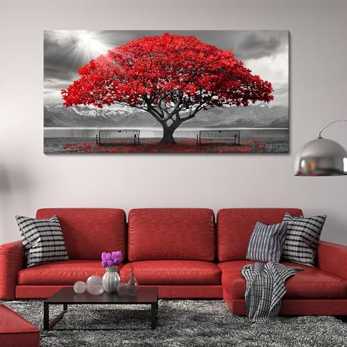 Red Wall Art - Modern Framed Canvas, 29×58IN, Tree Landscape