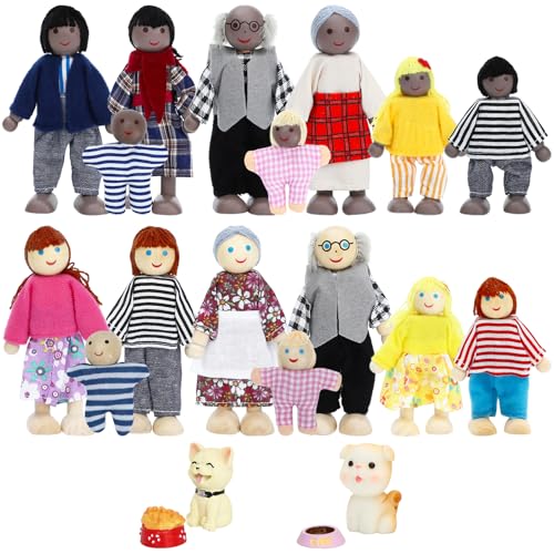 ONEST 20 Pieces Wooden Dollhouse Family Set Mini People Figures Dog Cat Sets Dollhouse Dolls Wooden Doll Family Pretend Play Figures Accessories for...