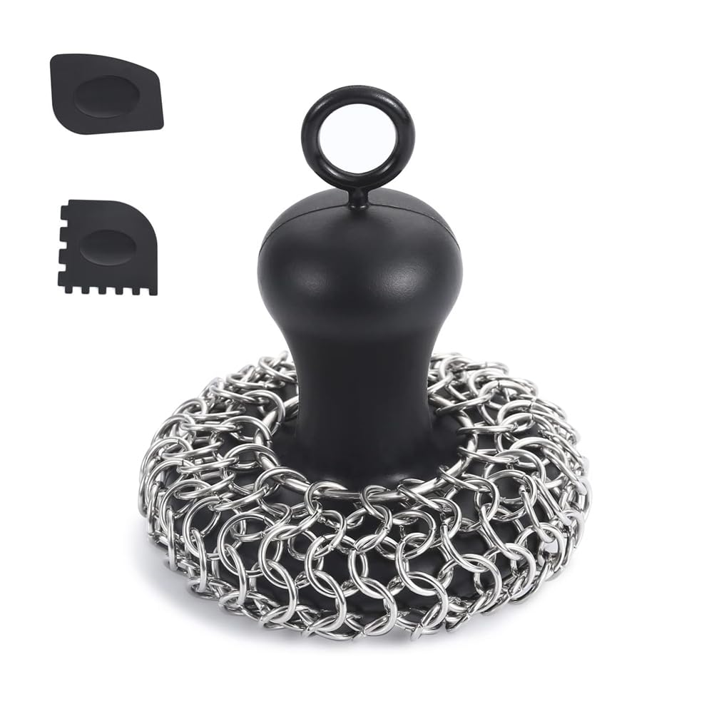 Fowecry Black Cast Iron Chainmail Scrubber + Pan Stainless Steel Skillet Cleaner, Scraper Tool For Cast Iron Pans Washable