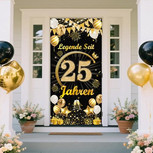 Deko 25 Geburtstag Mann Frau Banner - Schwarz Gold Legende Seit 25 Jahren Türbanner 165 x 80 cm, Stoff Hintergrund Tür Dekoration für 25. Geburtstagsfeier Dekoration