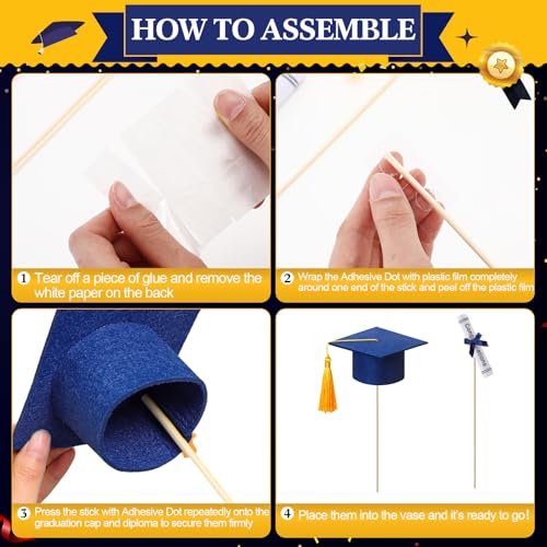 Image of Breling 48 Pcs Blue and Gold Graduation Centerpiece Sticks Felt Graduation Scroll Diploma and Grad Cap with Tassel Decor 2026 Table Toppers Centerpiece Party Supplies for Grad Party Decorations