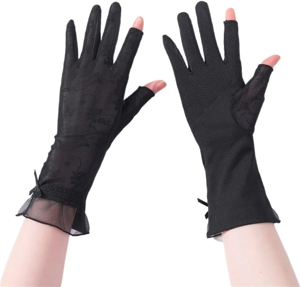 Women's Driving and Riding Elastic Breathable Leak Two-Finger Ice Silk Cool Lace Thin Gloves