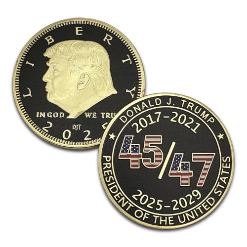 Image of President Donald Trump 45 47 2025 24kt Gold Challenge Coin, Trump Coin Collectors Souvenir, 45 & 47 with Red White & Blue Flag Plus 24kt Gold Plating, Large Size 45mm x 3mm Oval Office