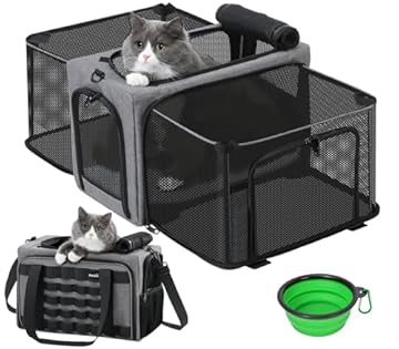 Pecute Trasportino per Gatti Espandibile, Morbido e Approvato dalle Compagnie Aeree, Borsa Traspirante per Animali Fino a 5kg/12lbs, Pieghevole per Viaggi, Campegio, Outdoor, Grigio