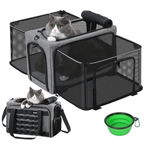 Katzentransportbox Erweiterbar Katzenbox für 2 KatzenTransportbox Katze Groß, Hund Welpen, Faltbar Hundetransportbox Zusammenklappbare Transporttasche Katze Transport, Hellgrau