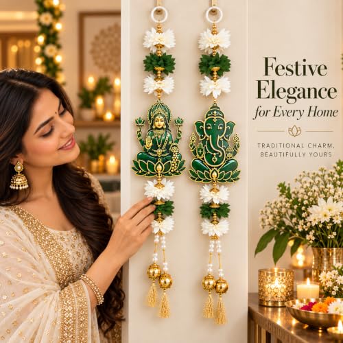 Image of Akaar Decor Lakshmi Ganesha Hanging for Door | Acrylic Festive Latkan with Flowers & Pearls | Diwali Pooja Room Entrance Decor | 16 Inch, Pack of 2