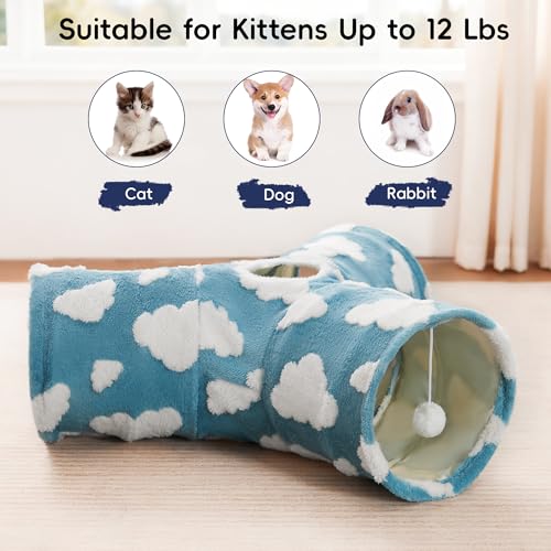 Image of Tempcore Flannel Cat Tunnel for Indoor Cats, 3 Way Collapsible Pet Play Tunnel with Teaser Wand, Peek Holes & Hanging Ball, Interactive Tube for Kittens & Rabbits, Blue Cloud