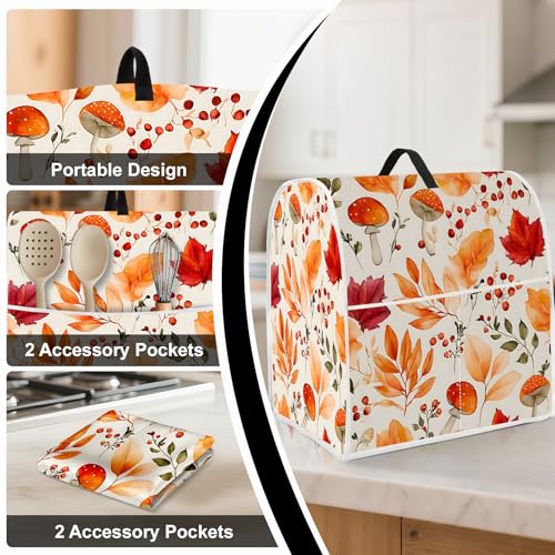 Image of Kitchen Dust Cover Compatible with 4.5 5 6 8 quart Stand Mixer, Kitchen Appliance Protective Covers with Top Handle and Pocket (Leaf Mushrooms, For All 6-8 qt Mixer)