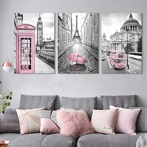 Eiffel Tower Decor For Bedroom For Girls Paris Decor Pink Paris Theme Room Decor Wall Art Canvas Black And White Art Large Travel Pictures Decorations London Big Ben Tower Painting Framed 24X36Inchx3 #TOP4