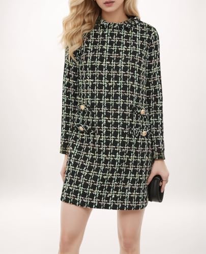 LifeShe Women's Long Sleeve Tweed Mini Dress Business Work Short Dress Elegant Cute Party Dresses Dark Green4