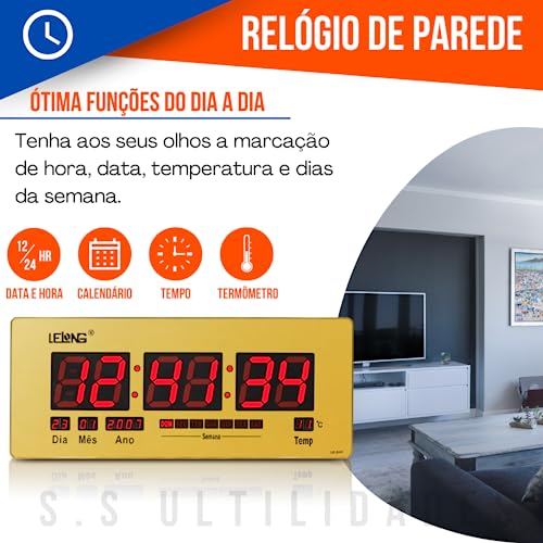 Relógio De Parede Digital Led Grande 52cm Termômetro Calendário 12 e 24h bivolt (Dourado)