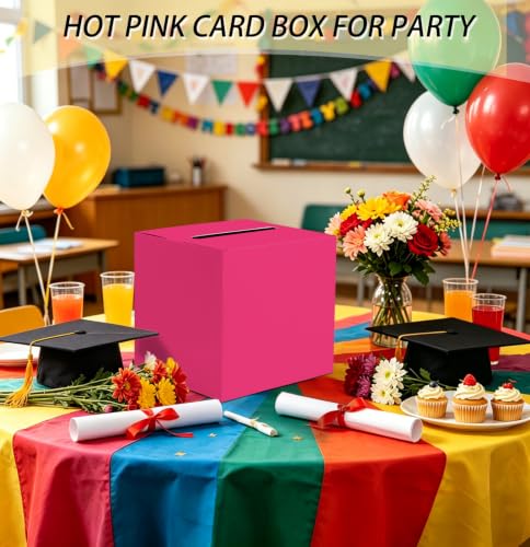 Image of SietDESEO Hot Pink Card Box for Graduation Large Gift Card Box Holder 9.8 inch x 9.8 inch Money Cards Box Diy Card Box for Wedding Reception Baby Shower Birthday Cards Box Holder