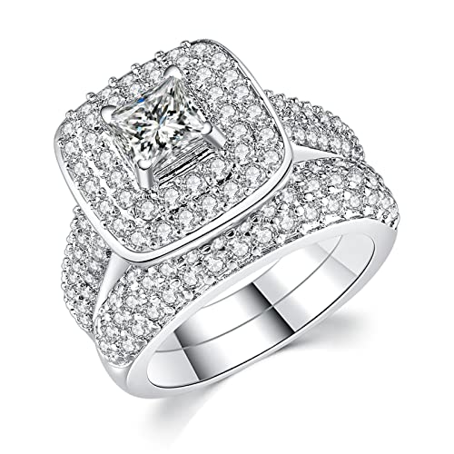 Double Fair 2 Piece Wedding Ring for Women 1 Carat Princess Cut Cubic Zirconia Engagement Promise Bridal silver Band Fashion Cute White Gold Plated Ring Set Gift Jewelry