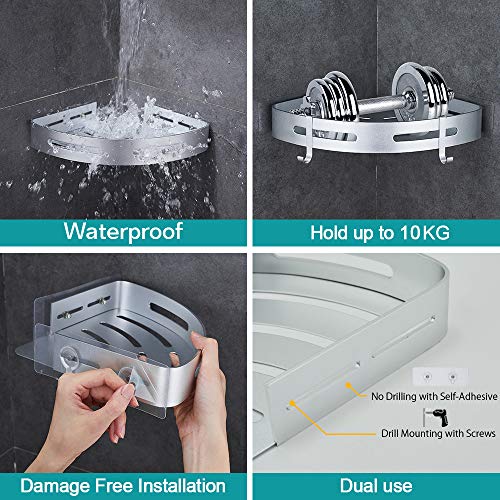 Hoomtaook Corner Caddy Bathroom Shower Shelf Wall Mounted No Drilling 2 Tier Storage Shelves Adhesive Triangle Baskets Silver Bathroom Kitchen Storage Basket - Image 4