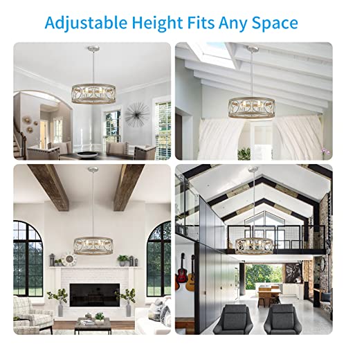 Xingqi Rustic Chandelier Brushed Nickel, Drum Chandeliers For Dining Room Modern Light Fixture Over Table Farmhouse Metal Wood Grain Pendant 5 Lights #TOP3