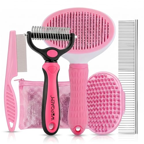 Image of 5PCS Dog Brush Grooming Kit with Self Cleaning Slicker Brush, Pink, | Deshedding Brush Kit for Dogs & Cats, Ideal for Short Long Hair, Daily Detangling & Home Bath Massage (5-in-1 Set)