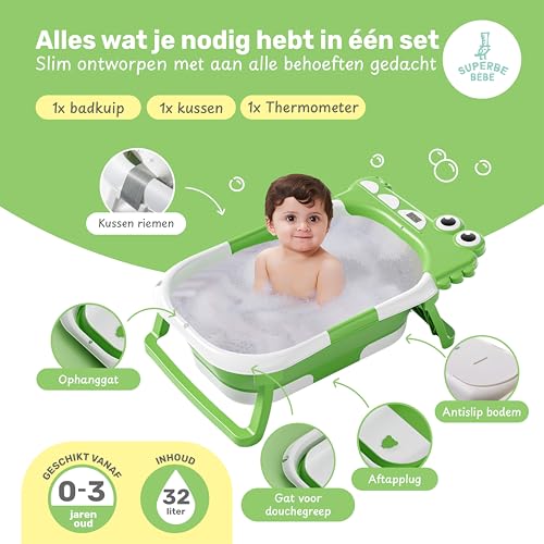 Babybad, opvouwbaar, 3 treden, met antislip badkussen/badkuip met thermometer, voor controle van de watertemperatuur, vanaf geboorte tot 2 jaar, 5 kunststof ballen gratis - Afbeelding 3