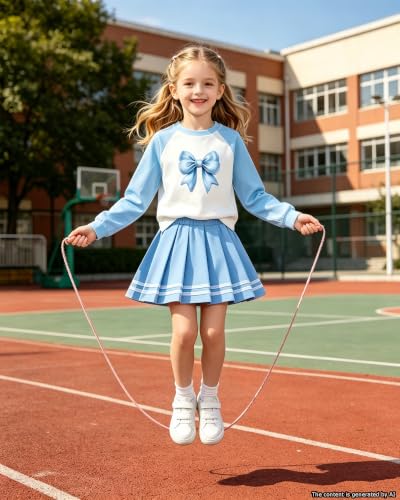 Image of Betusline Girls Skirt Set JK School Uniform 2-Piece Outfit - Long Sleeve & Webbing Solid Skirt,4-14Y