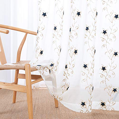 Floral Embroidered Sheer Curtains for Bedroom Drapes Semi Sheer Curtains for Living Room Embroidery Curtain Panels 84 inches Long Rod Pocket 2 Pieces, Blue