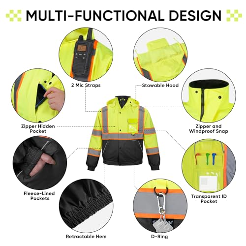 TICONN Waterproof Safety Bomber Jacket, Hi Vis Reflective Rain Jacket, ANSI Class 3 Work Rain Coat for Men Women - Image 3