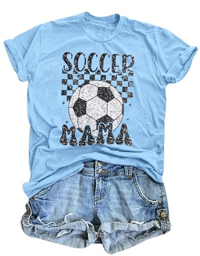 Women Soccer Mom Shirt Game Day T Shirt Soccer Mama Graphic Short Sleeve Shirt Blue