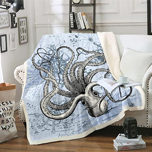 Erosebridal Octopus Throw Blanket For Couch Bed,Nautical Theme Fleece Blanket,Vintage Compass Geometric World Map Sherpa Blanket Twin Size,Ocean Coastal Sealife Blanket,Navy Blue Living Room Decor #TOP16