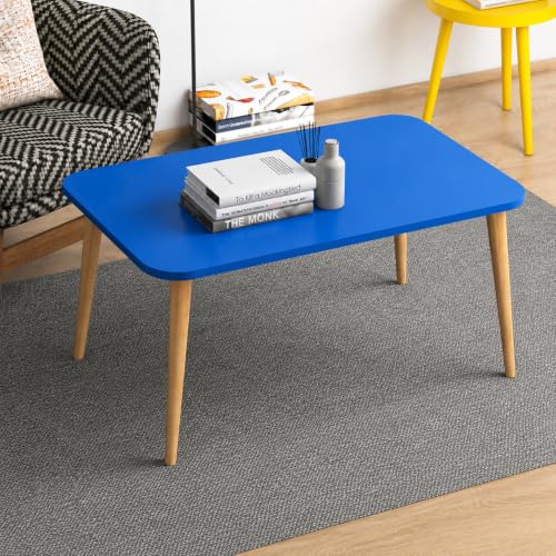 Image of Wooden Foldable Coffee Table - Rectangular Center Tea Table for Living Room & Bedroom, Easy Assembly with Solid Wooden Legs (Blue)