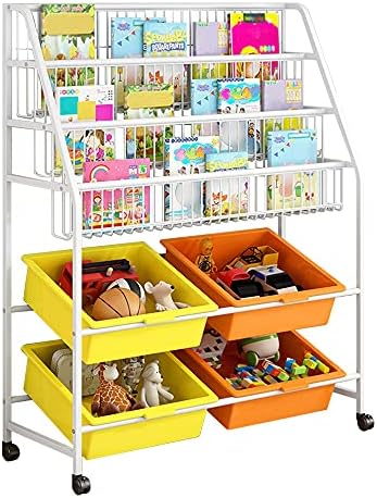ZZBIS Metal Toys and Books Storage Shelf for Kids Room, 3-Tier Children Bookcase and 4 Cube Bins Display Rack Organizer Holder with Wheels for Playing Room Bedroom Nursery(Colorful)