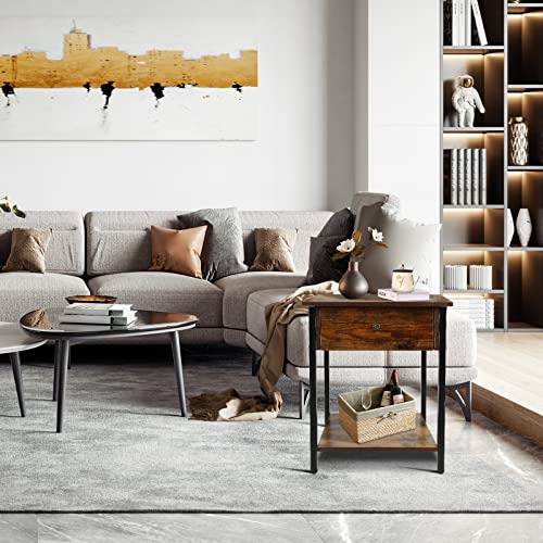 Ecomex Nightstand Industrial End Table With Fabric Drawer And Open Storage,Rustic Side Sofa Table With Wood Top And Metal Frame Accent Furniture For Living Room Bedroom,Rustic Brown #TOP5