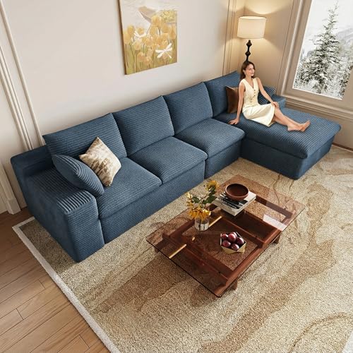Image of 136 inch Cloud Couch Modular Sectional Sofa for Living Room, L-Shape Boneless Couch with Deep Seat, Modern Corduroy 4-Seater, No Assembly Required (Blue,Right-Facing Chaise)