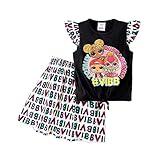 L.O.L. サプライズ!ガールズスカートセット2ピースキッズガールグラフィックプリントタイノットフリルスリーブコットンTシャツと全面プリントスカートセット, ブラックとホワイト。, 8-9 Years