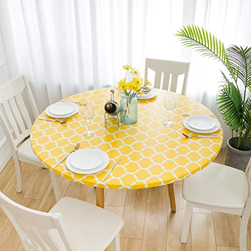 Rally Home Goods Indoor Outdoor Patio Round Fitted Vinyl Tablecloth, Flannel Backing, Elastic Edge, Waterproof Wipeable Plastic Cover, Yellow Moroccan Trellis Pattern For 6-Seat Table 43-56’’ Diameter #TOP6